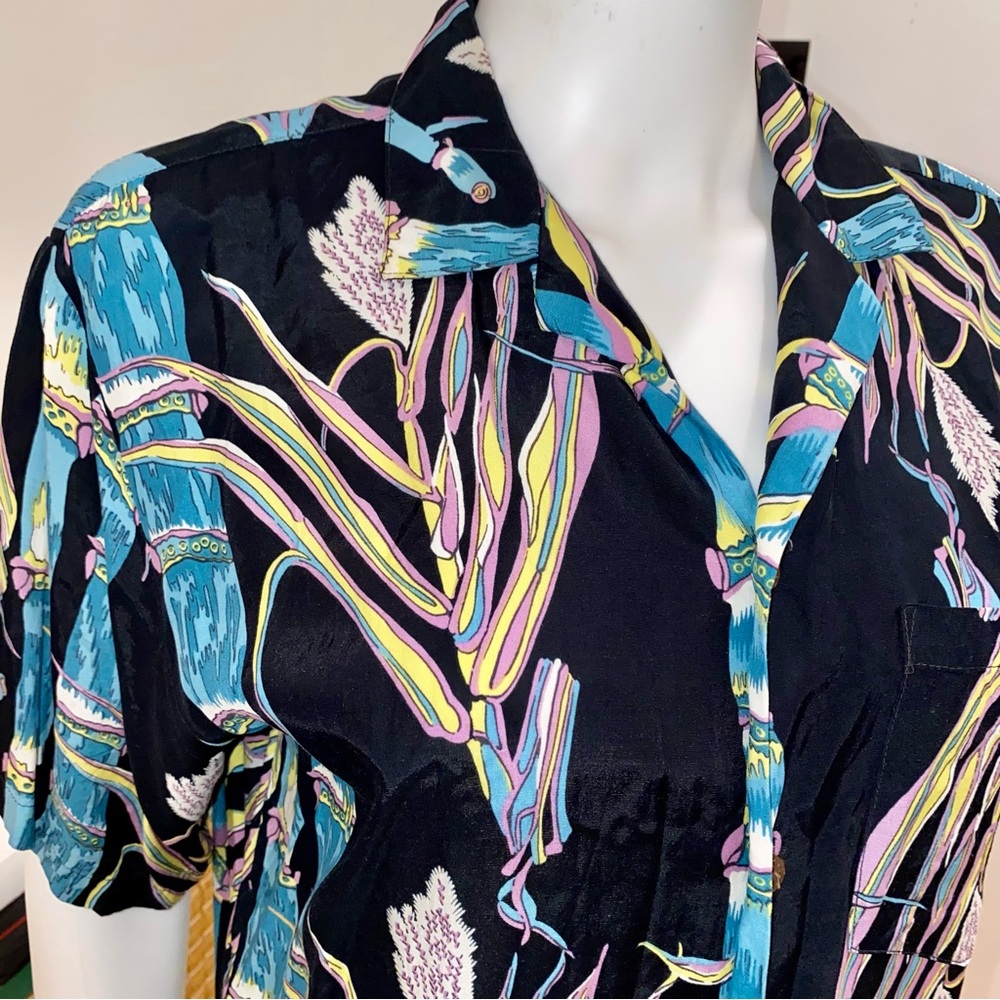 Vintage Aloha Hawaiian black rayon shirt with bamboo stalk pattern.
